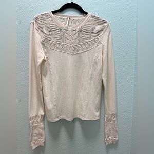Free People Colette Crochet Yoke Cuffs Sand Cream Long Sleeve Top - Size M